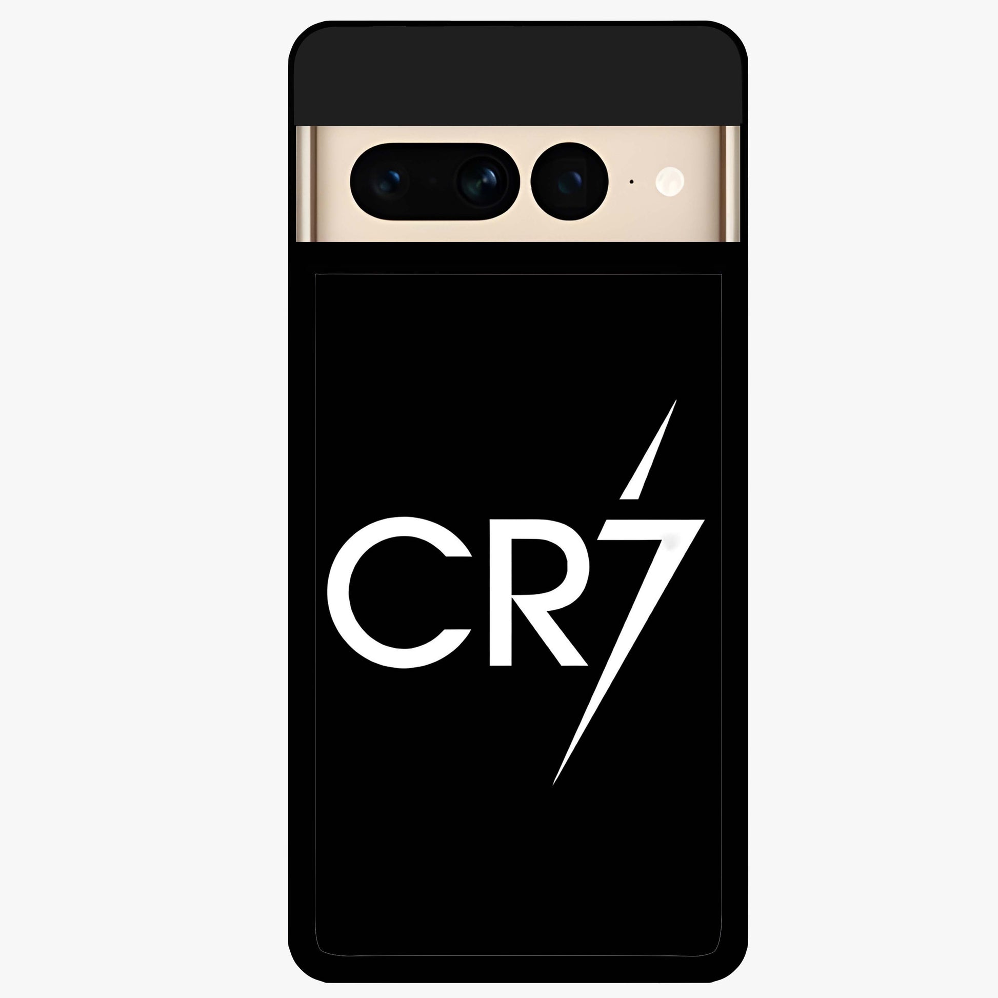 Cr7 Elite Strike Glass Case showing flat back view with dynamic football inspired artwork and glossy glass finish.