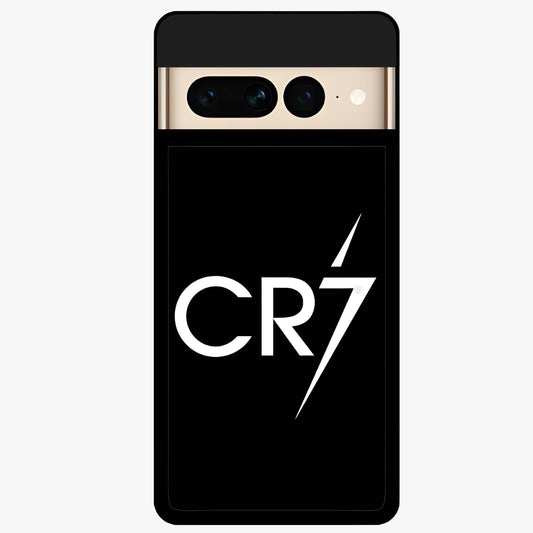 Cr7 Elite Strike Glass Case showing flat back view with dynamic football inspired artwork and glossy glass finish.