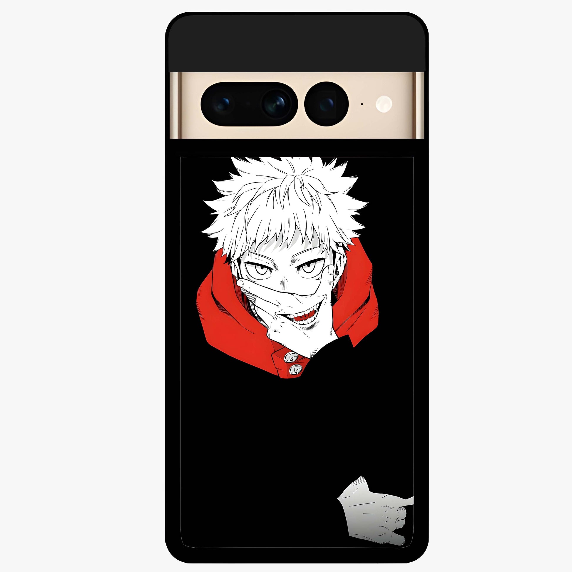Crimson Chaos Smile Glass Case showing flat back view with bold chaotic smile artwork and glossy glass finish.