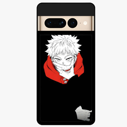 Crimson Chaos Smile Glass Case showing flat back view with bold chaotic smile artwork and glossy glass finish.