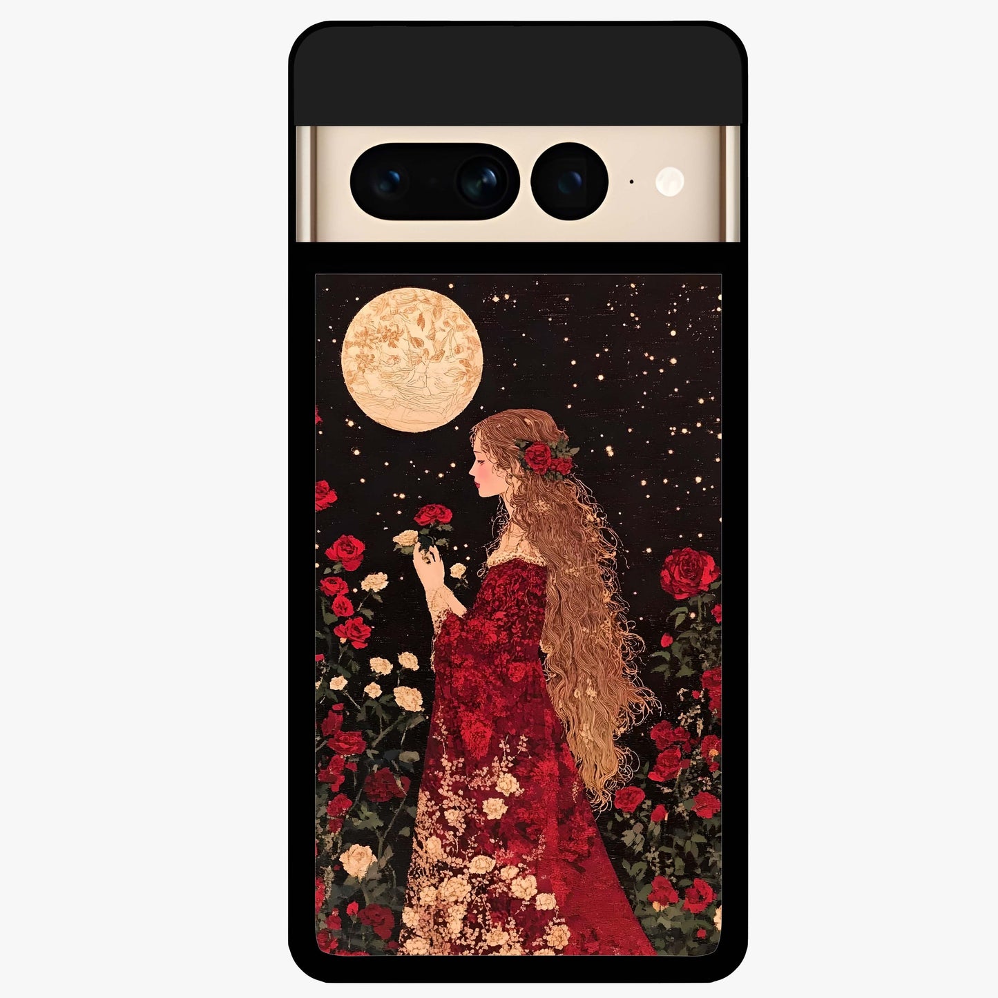 Crimson Dreams Glass Case showing flat back view with dreamy crimson artwork and glossy glass finish.