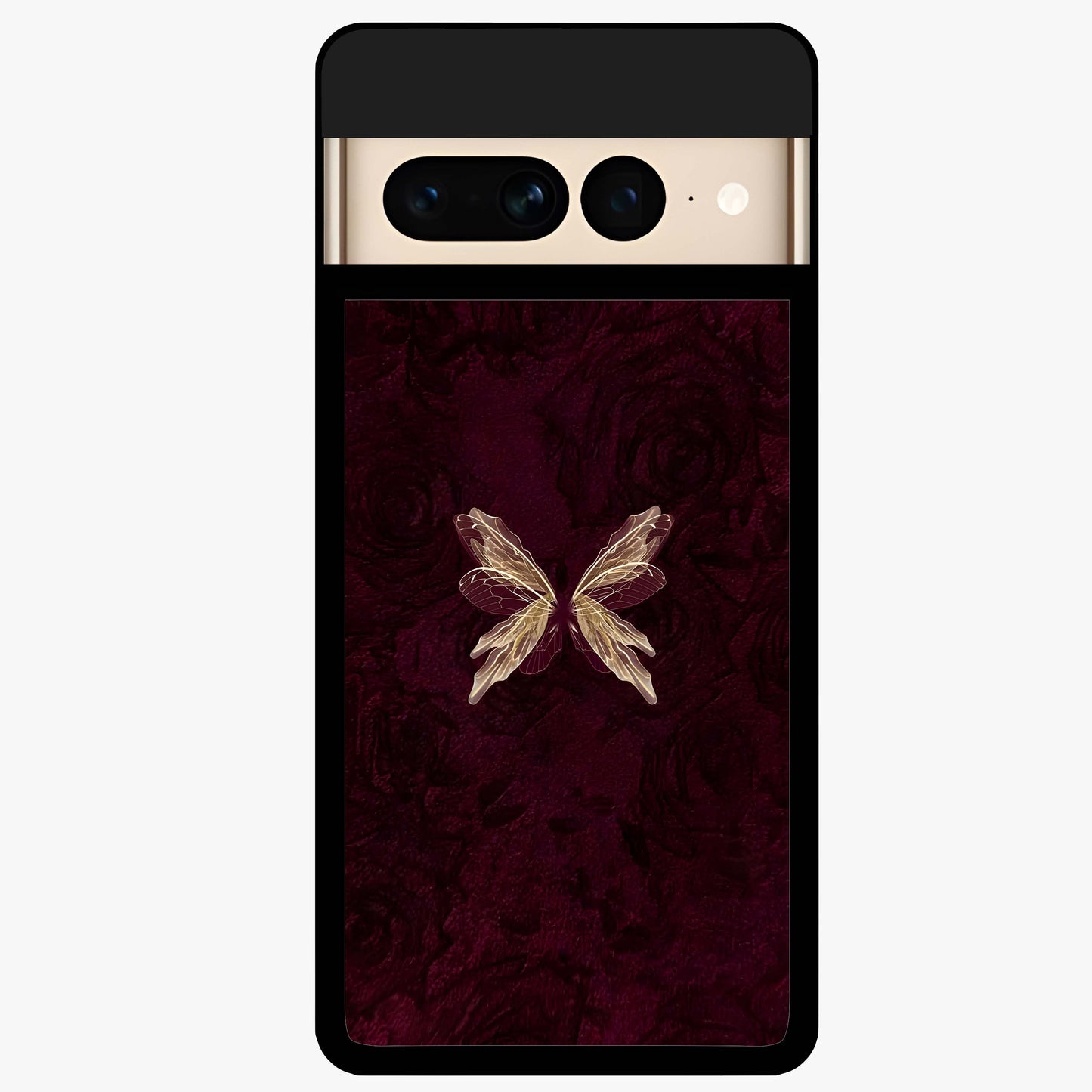 Crimson Fade Butterfly Glass Case showing flat back view with fading butterfly artwork and glossy glass finish.