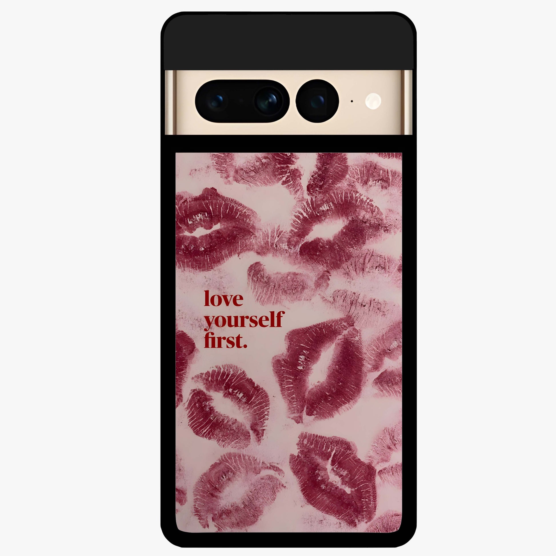 Crimson Kiss Love Glass Case showing flat back view with romantic crimson themed artwork and glossy glass finish.