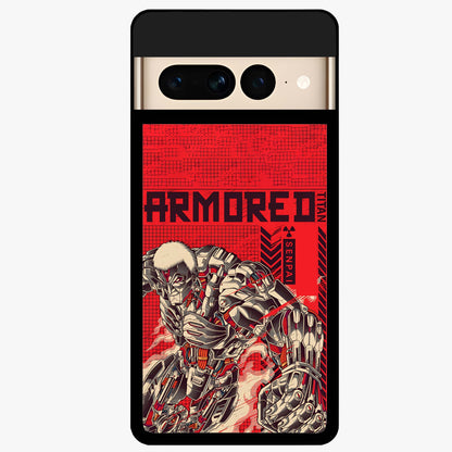 Crimson Mecha Titan Glass Case showing flat back view with powerful mech titan artwork and glossy glass finish.