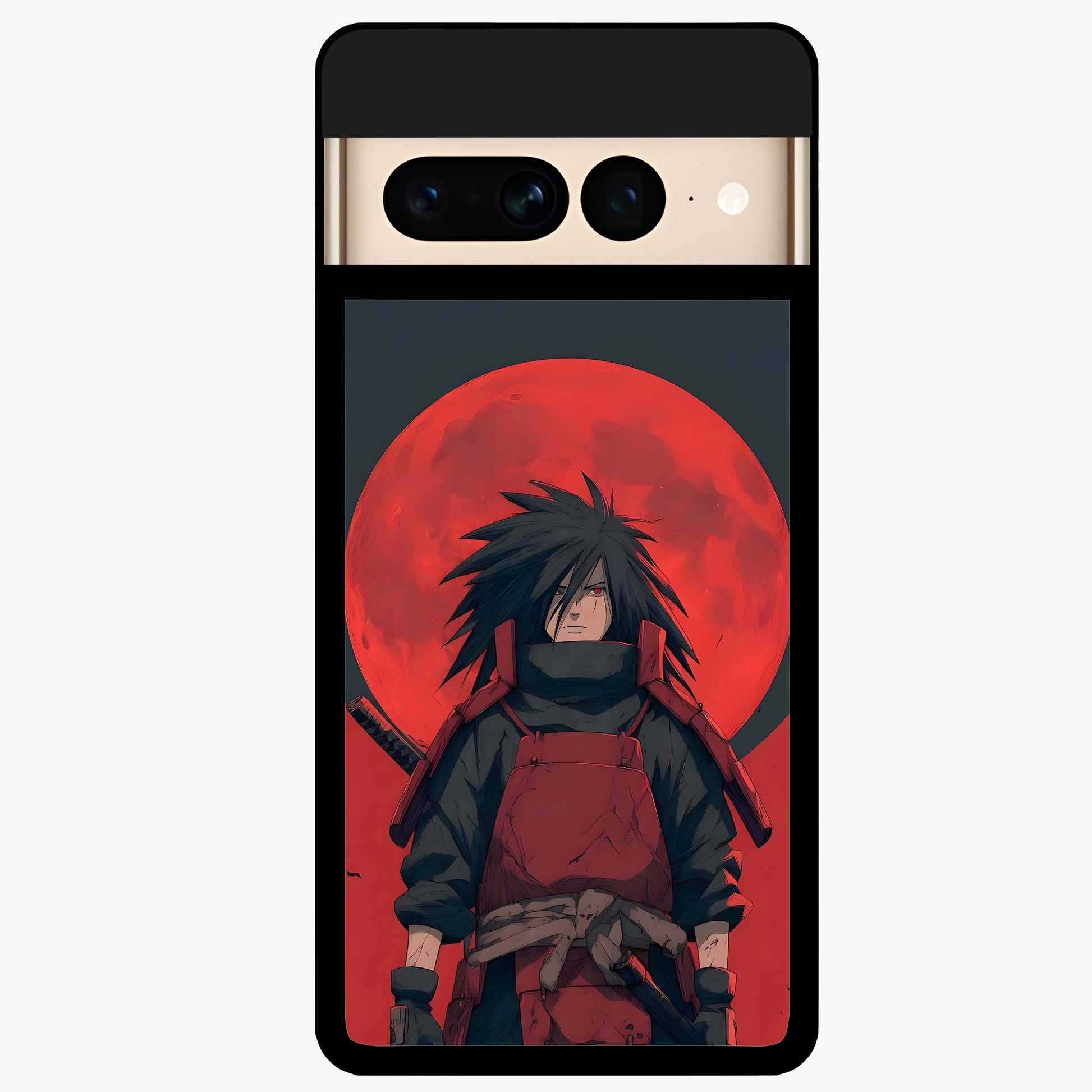 Crimson Moon Warlord Glass Case showing flat back view with mystical moon warrior artwork and glossy glass finish.