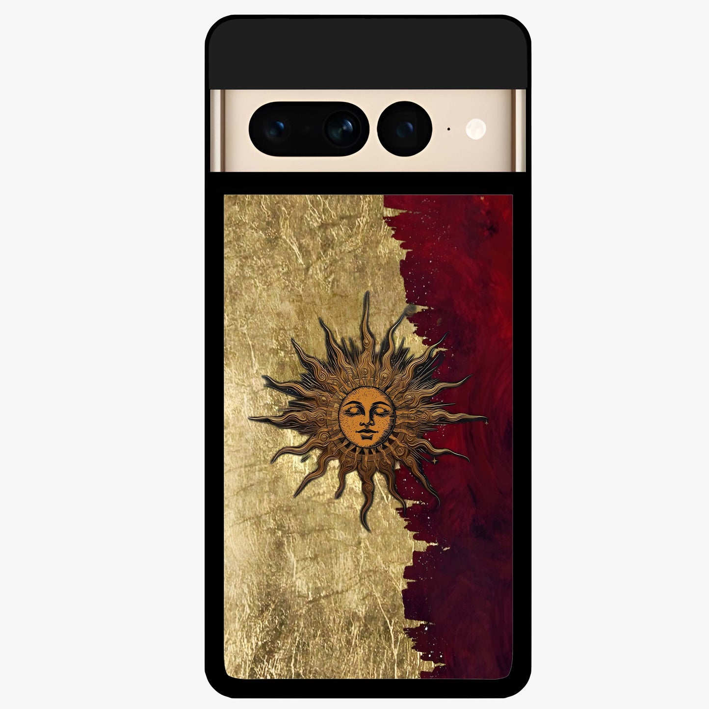 Crimson Sun Majesty Glass Case showing flat back view with radiant sun inspired artwork and glossy glass finish.