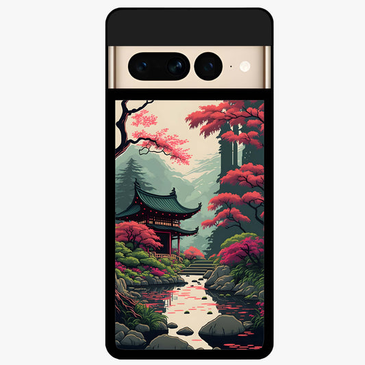 Crimson Temple View Glass Case showing flat back view with temple inspired artwork and glossy glass finish.