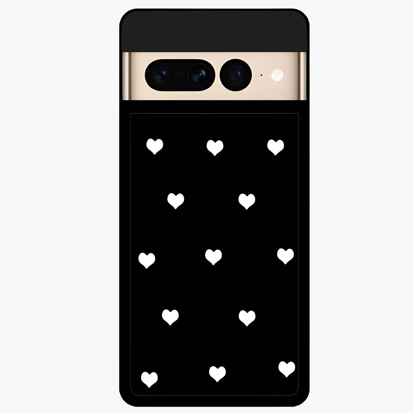 Cute And Simple White Hearts Glass Case showing flat back view with minimal white heart pattern and glossy glass finish.