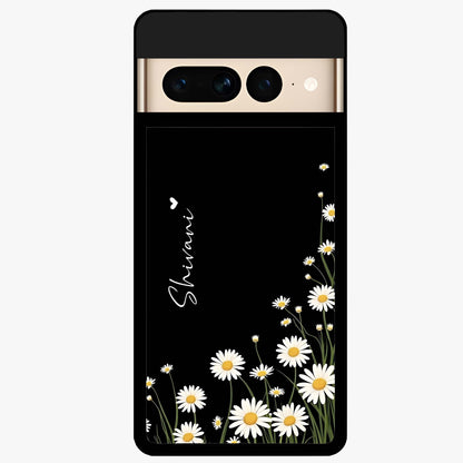 Daisy Cascade Custom Name Glass Case showing flat back view with cascading daisy flowers and personalized name design.