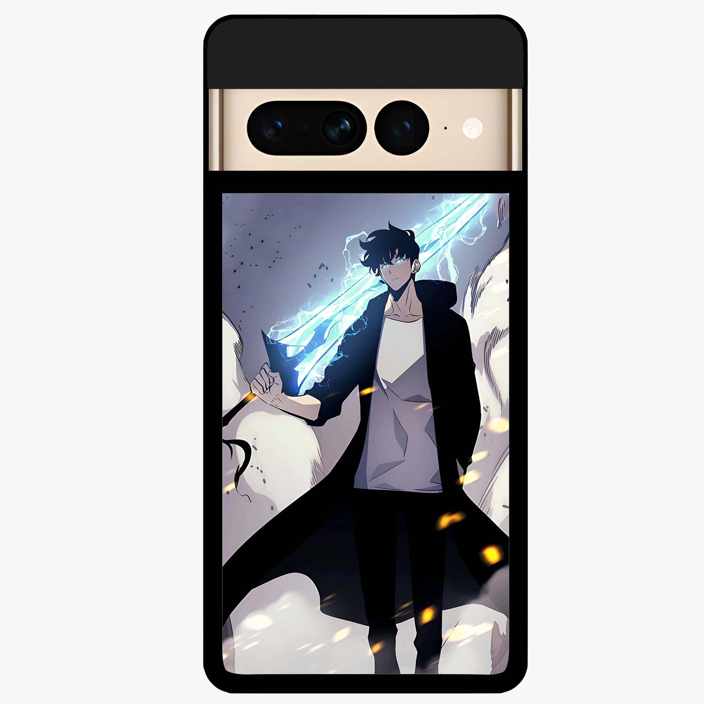 Dark Lightning Anime Warrior Glass Case showing flat back view with intense anime warrior artwork and glossy glass finish.