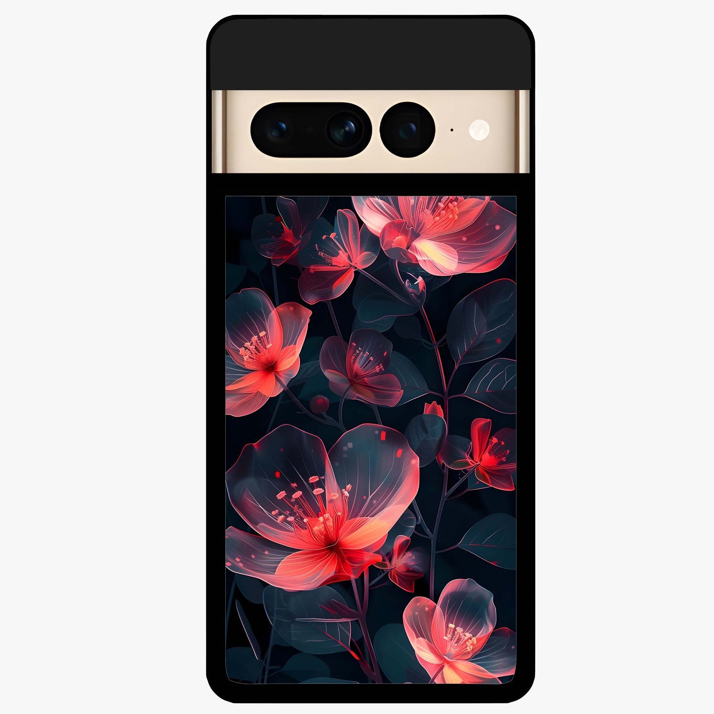 Dark Shade of Flower Glass Case showing flat back view with elegant dark floral artwork and glossy glass finish.