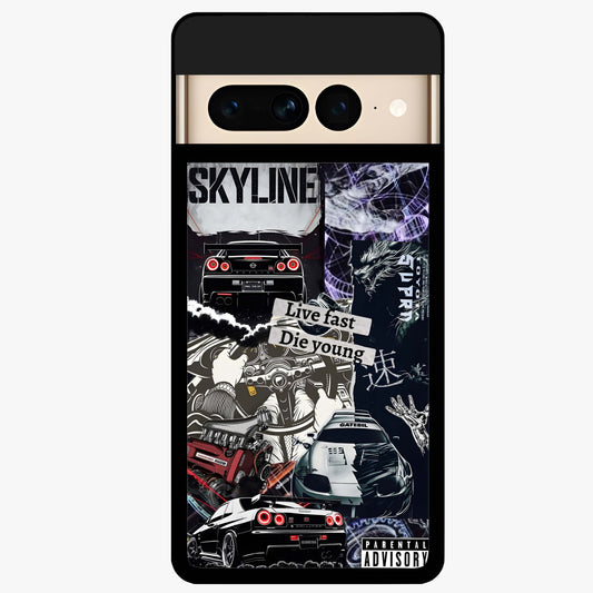 Die Young Glass Case showing flat back view with bold artistic typography design and glossy glass finish.