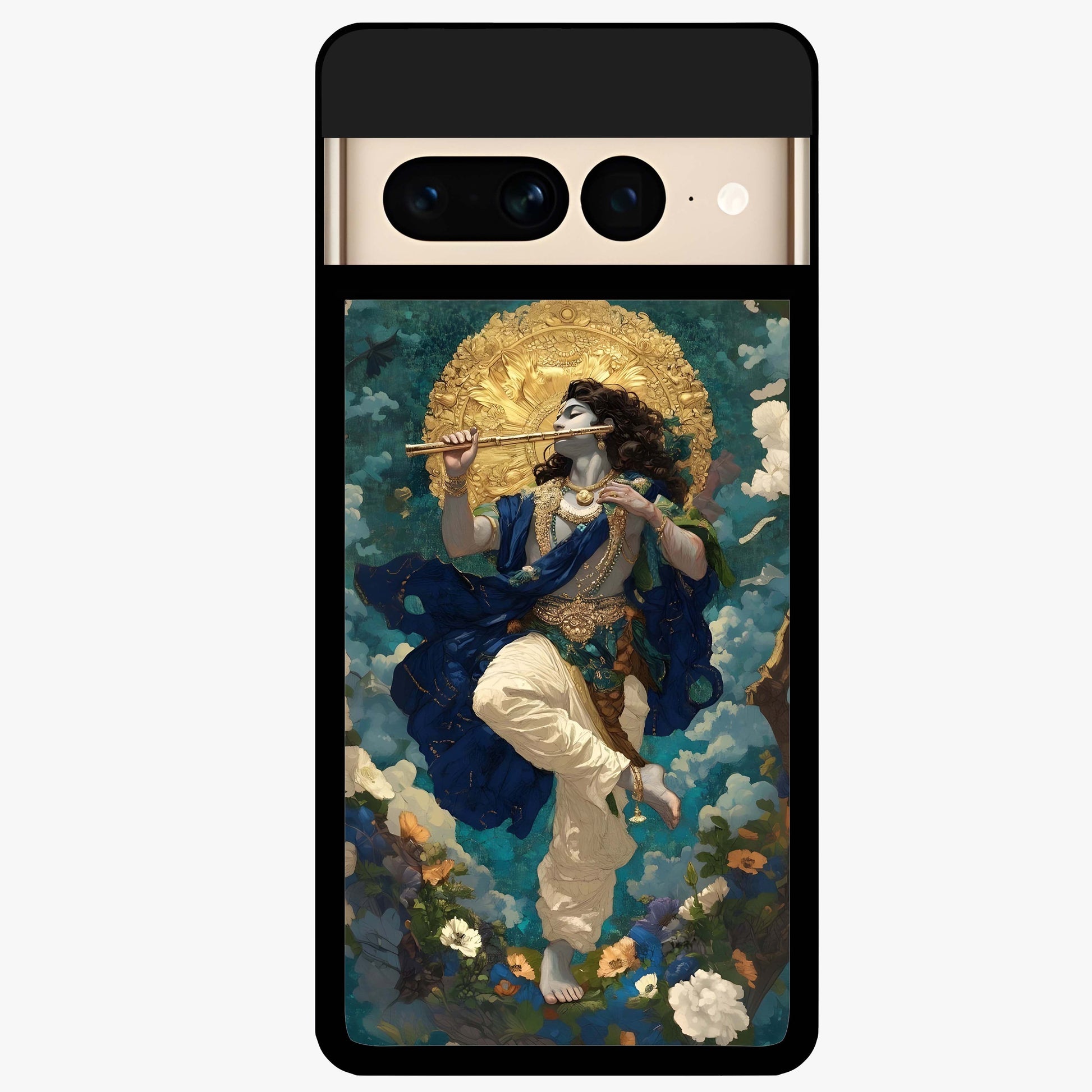 Divine Krishna Art Glass Case showing flat back view with Lord Krishna artwork and glossy glass finish.