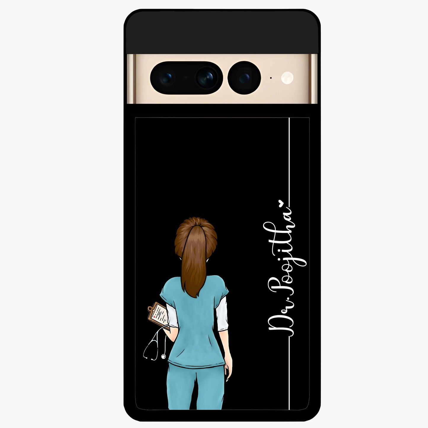 Doctor Pattern Custom Name Glass Case showing flat back view with medical themed pattern and personalized name design.
