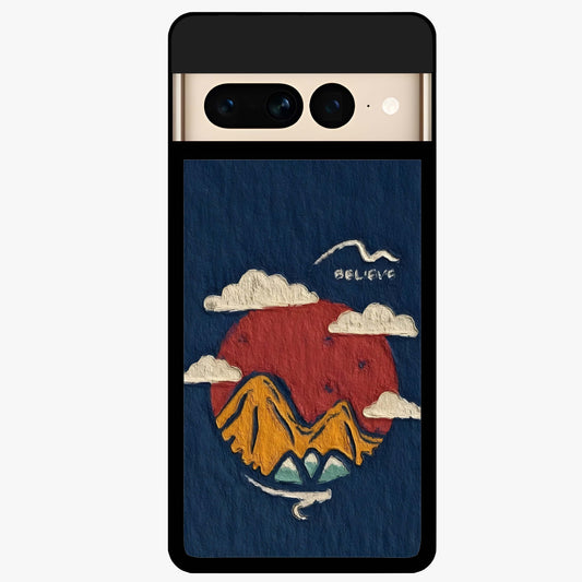 Dream Beyond Mountains Glass Case showing flat back view with scenic mountain landscape artwork and glossy glass finish.