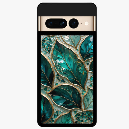 Emerald Leaf Glass Glass Case showing flat back view with emerald green leaf artwork and glossy glass finish.