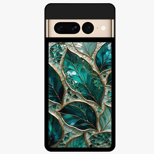 Emerald Leaf Glass Glass Case showing flat back view with emerald green leaf artwork and glossy glass finish.