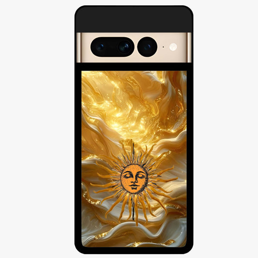 Eternal Golden Glow Glass Case showing flat back view with radiant golden themed artwork and glossy glass finish.