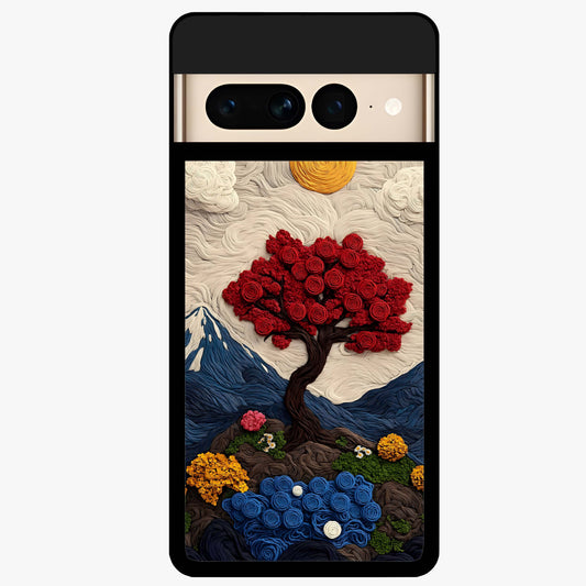 Eternal Nature Tapestry Glass Case showing flat back view with intricate nature tapestry artwork and glossy glass finish.