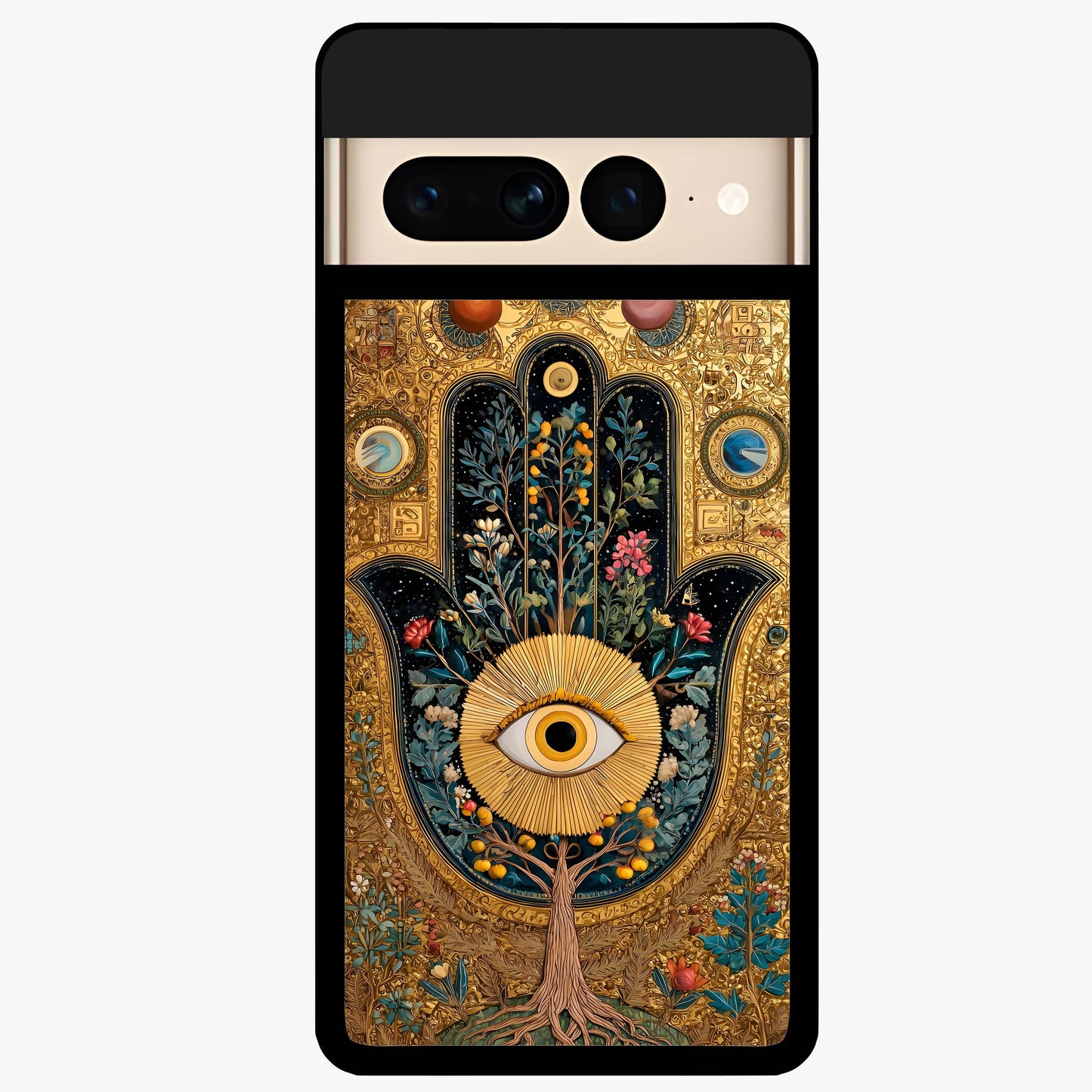 Ethereal Evil Eye Glass Case showing flat back view with mystical evil eye artwork and glossy glass finish.