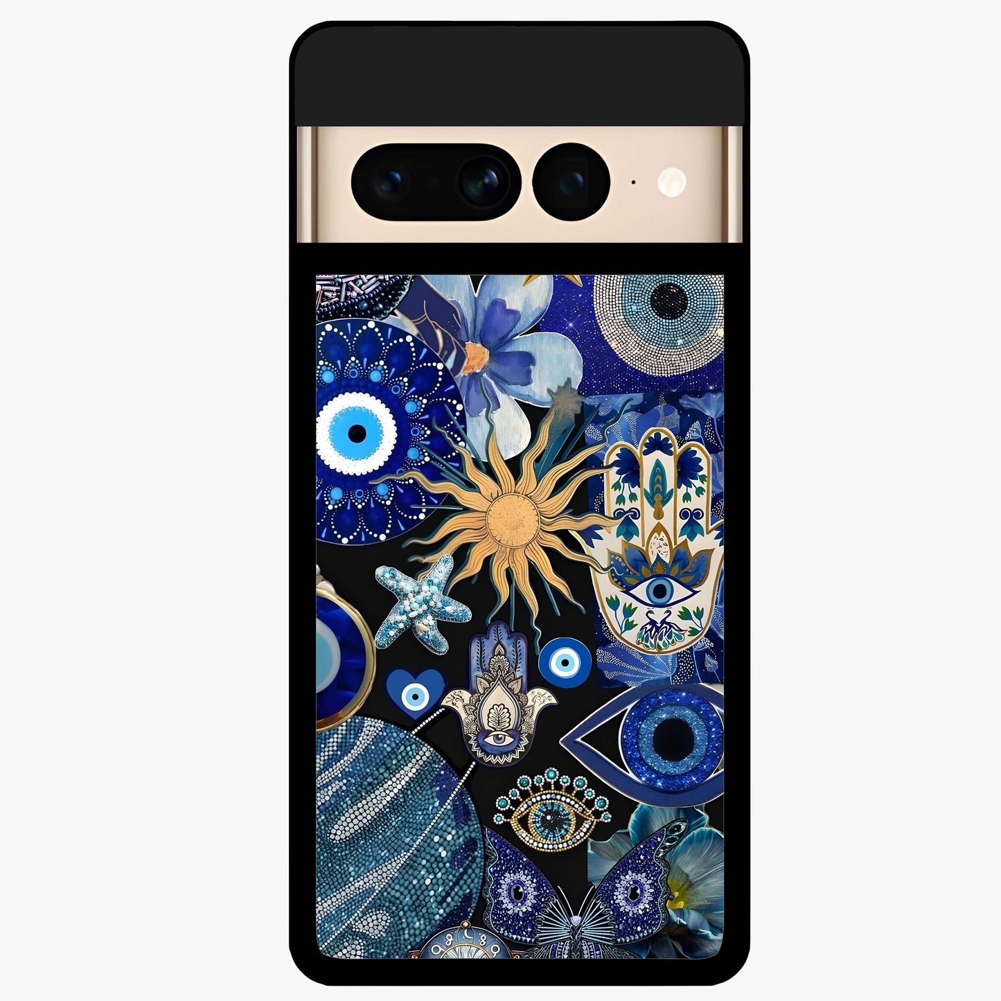 Evil Eye Charm Mix Glass Case showing flat back view with multiple evil eye charms artwork and glossy glass finish.