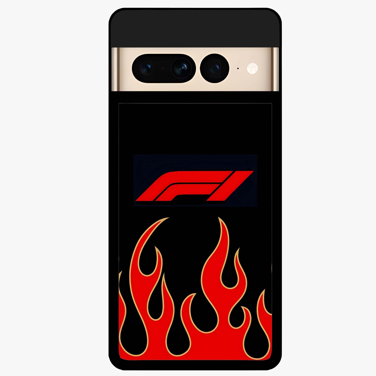 Fire F11 Glass Case showing flat back view with fiery themed artwork and glossy glass finish.