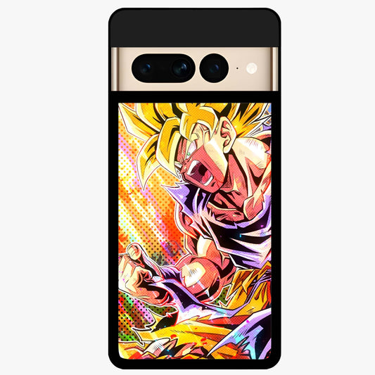 Firing Goku Glass Case showing flat back view with powerful anime inspired artwork and glossy glass finish.