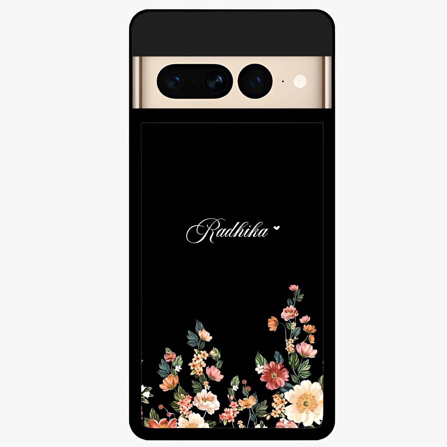 Floral Design With a Custom Personalized Name Glass Case showing flat back view with floral artwork and personalized name design.