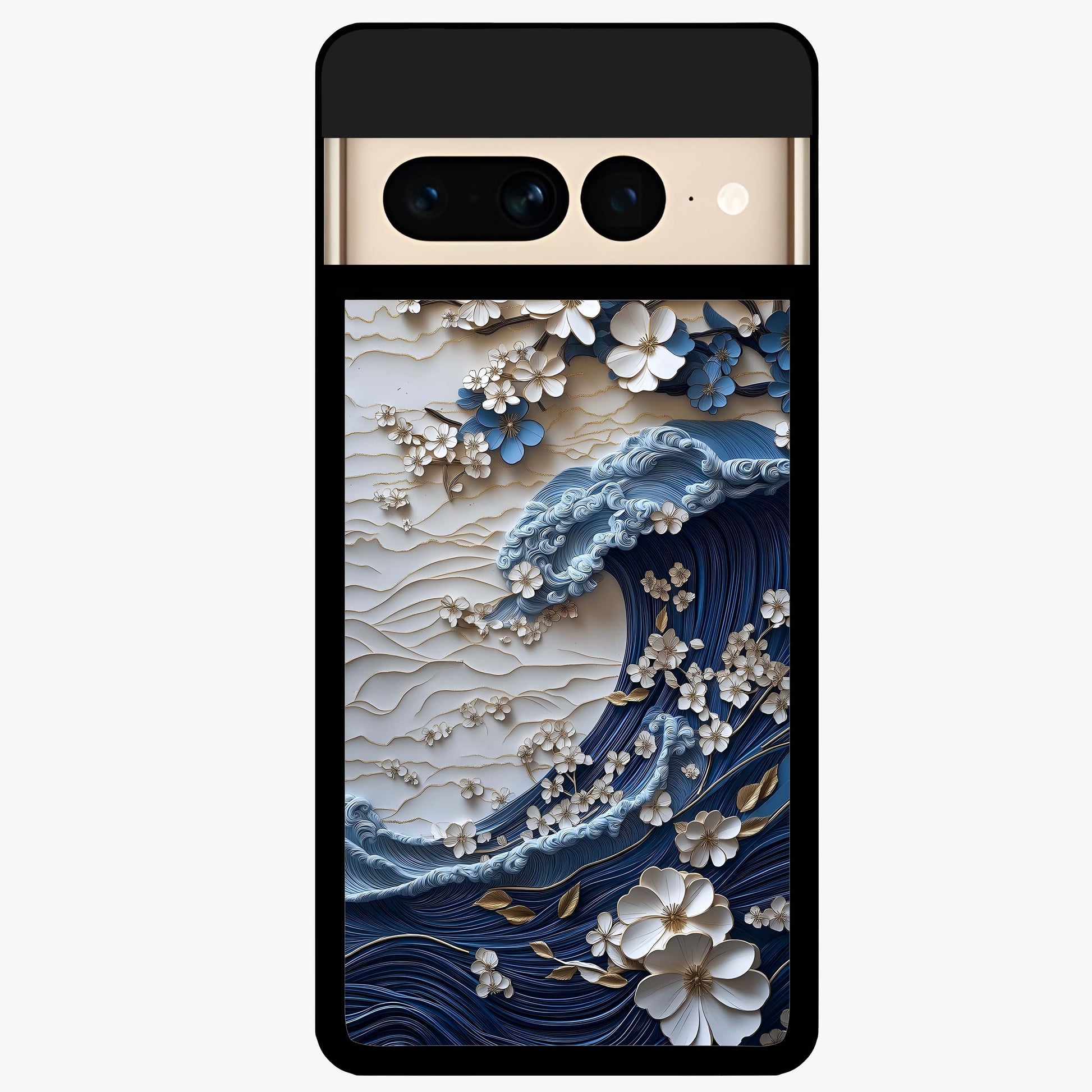 Floral Wave Origami Glass Case showing flat back view with origami inspired floral wave artwork and glossy glass finish.