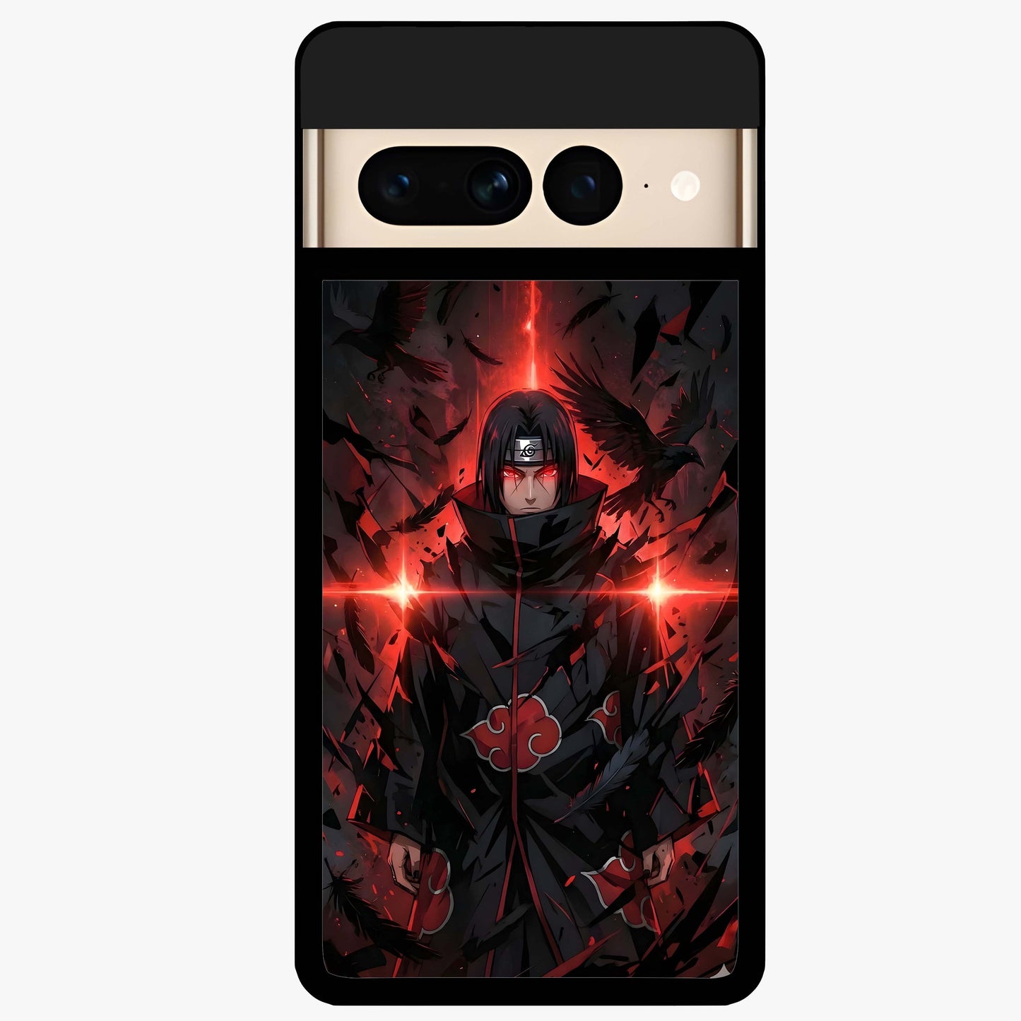 Focused Blade Discipline Glass Case showing flat back view with warrior sword themed artwork and glossy glass finish.