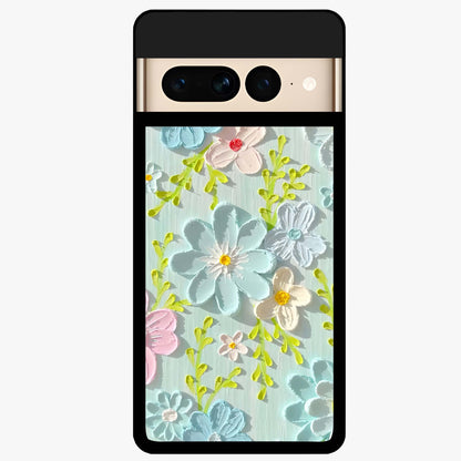 Frosted Petal Garden Glass Case showing flat back view with soft frosted floral artwork and glossy glass finish.