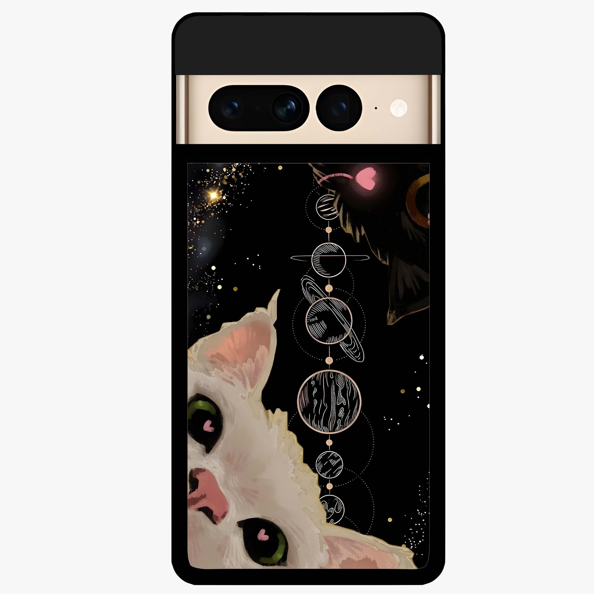 Galactic Cat Glass Case showing flat back view with cosmic cat artwork and glossy glass finish.