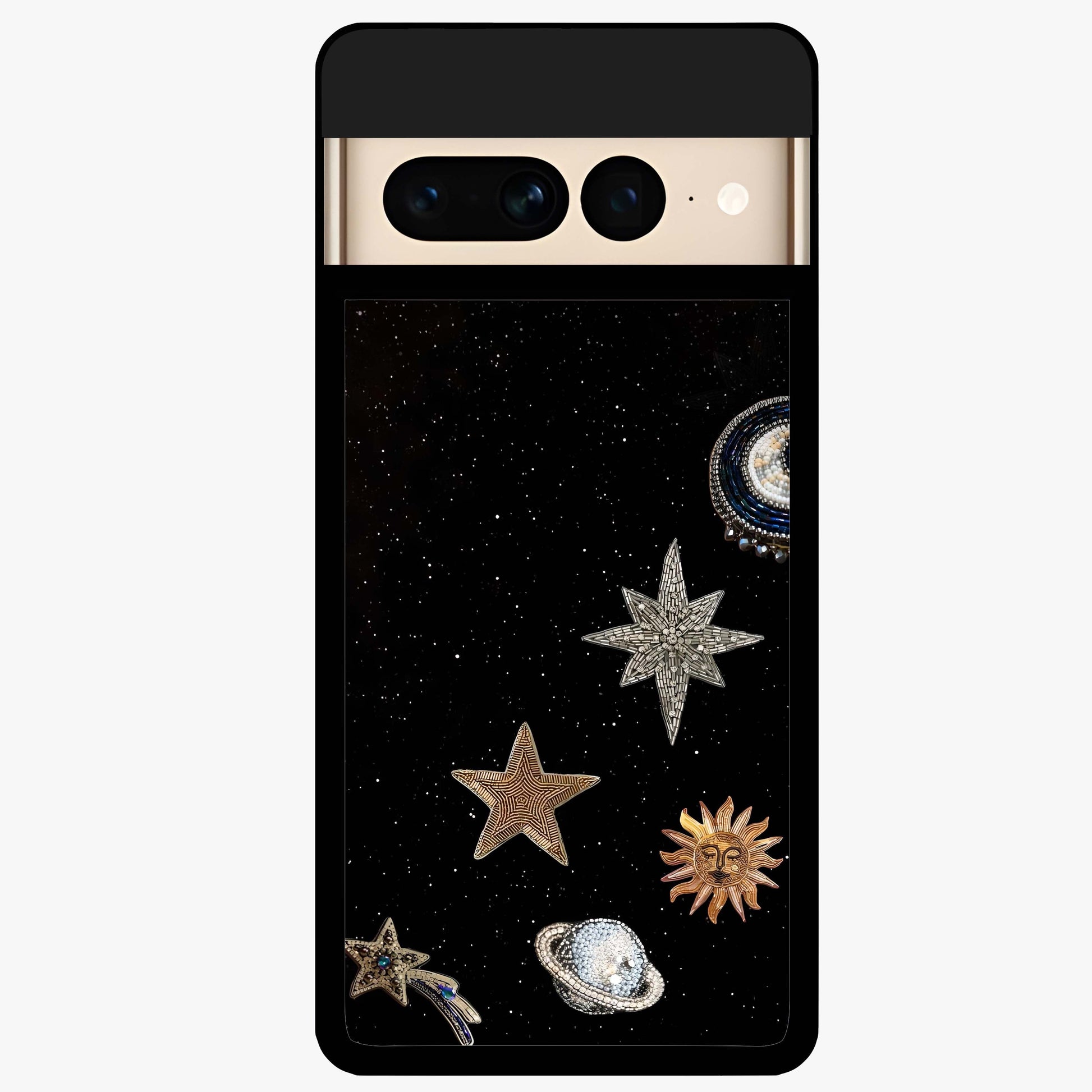 Galactic Charm Glow Glass Case showing flat back view with glowing celestial charm artwork and glossy glass finish.