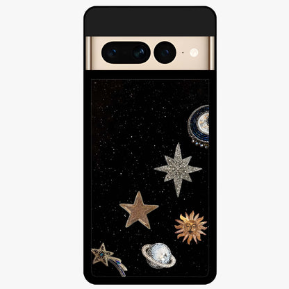 Galactic Charm Glow Glass Case showing flat back view with glowing celestial charm artwork and glossy glass finish.