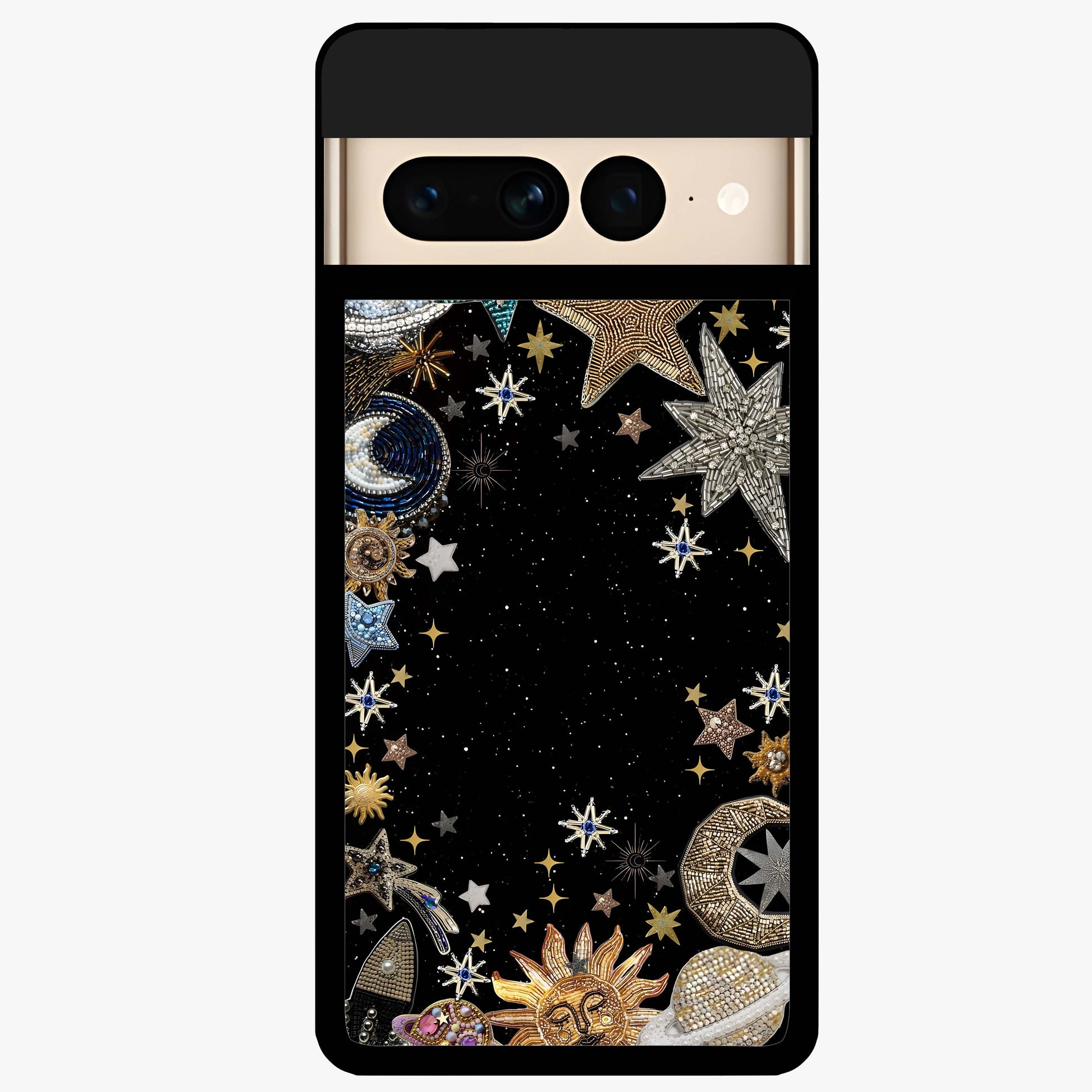Galactic Jewel Stars Glass Case showing flat back view with sparkling star jewel artwork and glossy glass finish.