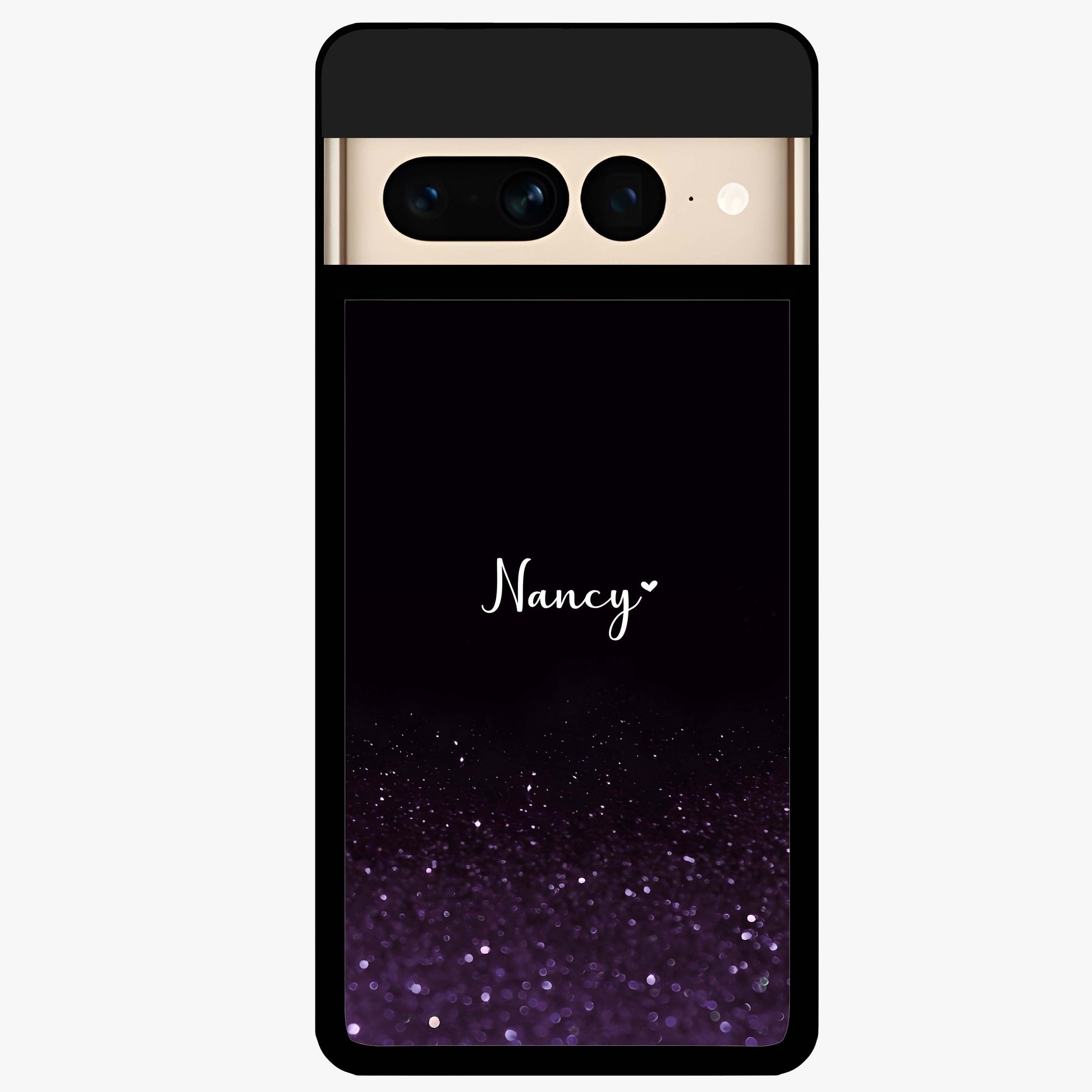 Glittery Purple Bokeh Custom Name Glass Case showing flat back view with purple bokeh sparkle artwork and personalized name design.