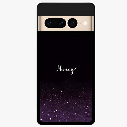 Glittery Purple Bokeh Custom Name Glass Case showing flat back view with purple bokeh sparkle artwork and personalized name design.