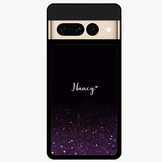 Glittery Purple Bokeh Custom Name Glass Case showing flat back view with purple bokeh sparkle artwork and personalized name design.