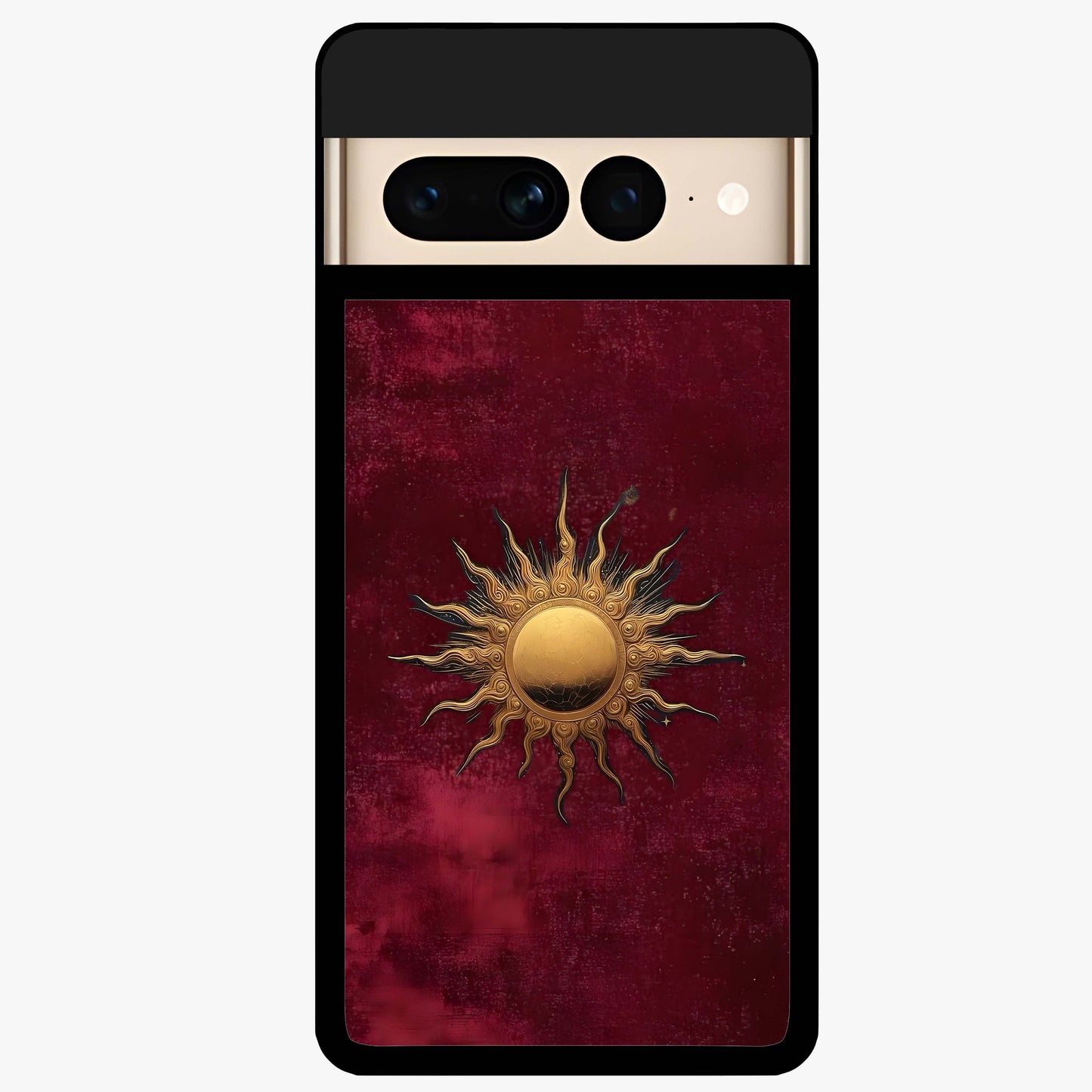 Gold Sun Blush Glass Case showing flat back view with golden sun inspired artwork and glossy glass finish.