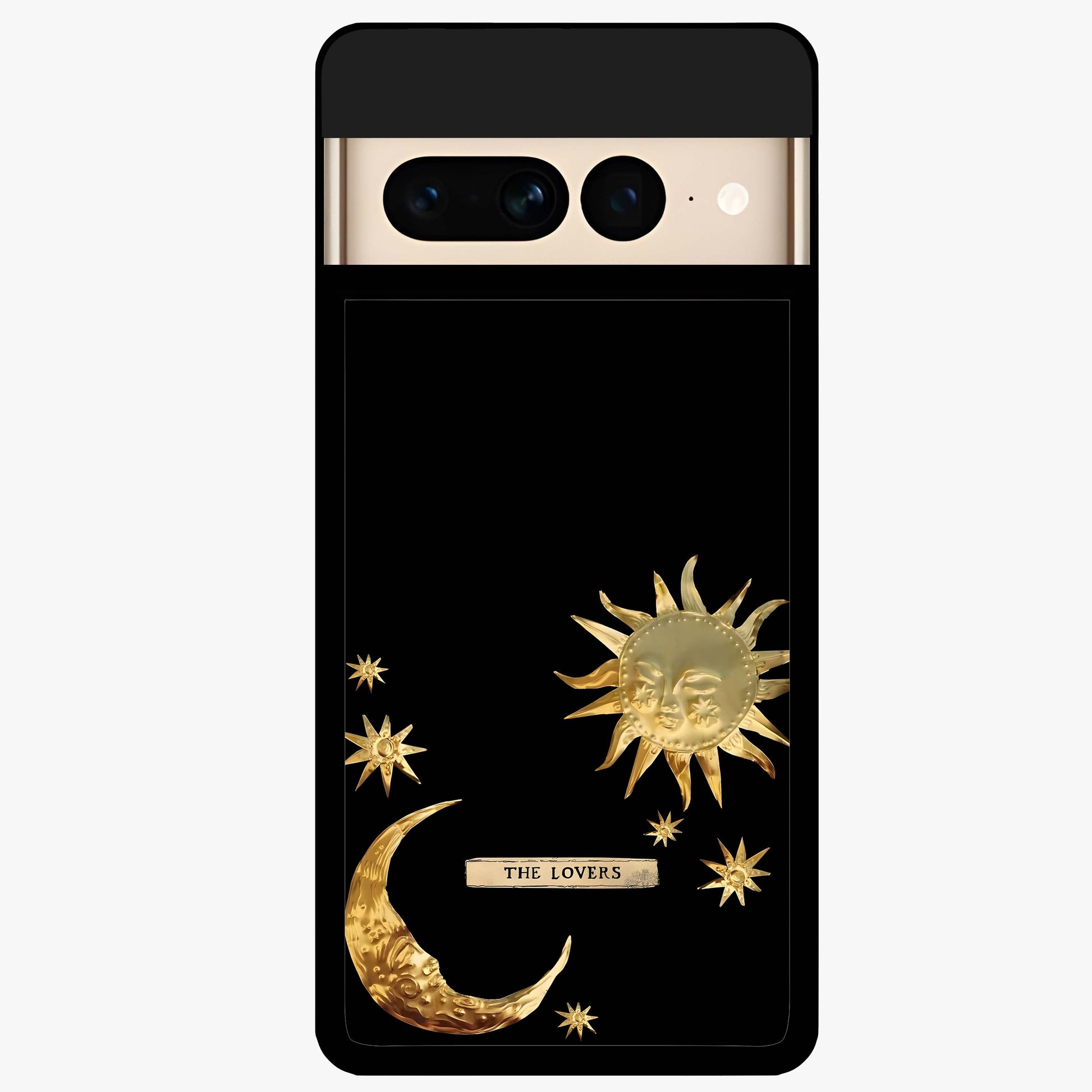 Golden Celestial Charm Glass Case showing flat back view with golden celestial charm artwork and glossy glass finish.