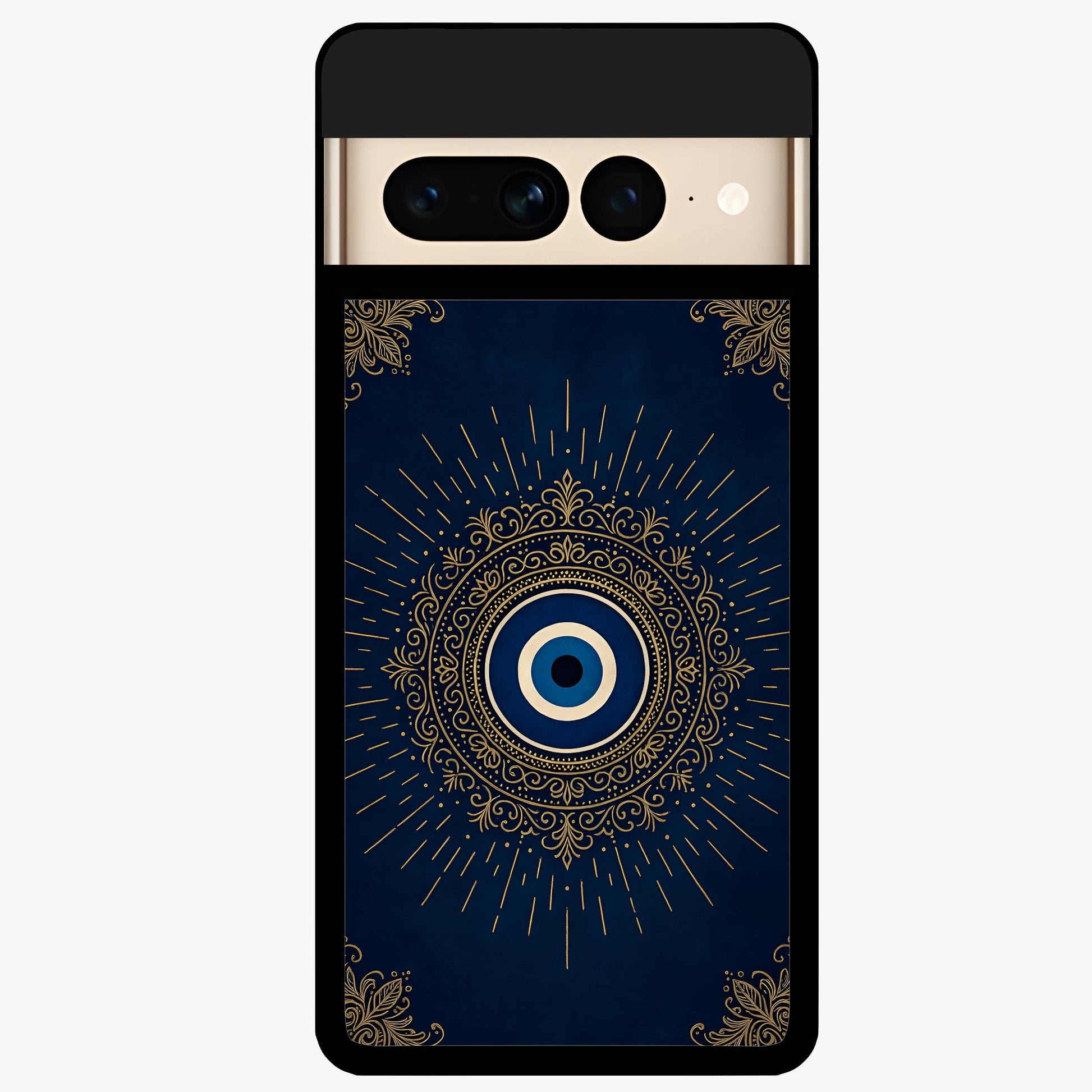 Golden Evil Eye Mandala Glass Case showing flat back view with intricate evil eye mandala artwork and glossy glass finish.