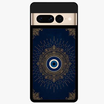 Golden Evil Eye Mandala Glass Case showing flat back view with intricate evil eye mandala artwork and glossy glass finish.