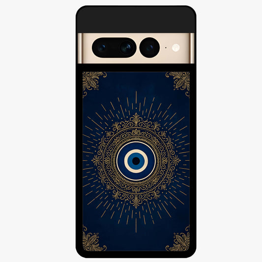 Golden Evil Eye Mandala Glass Case showing flat back view with intricate evil eye mandala artwork and glossy glass finish.