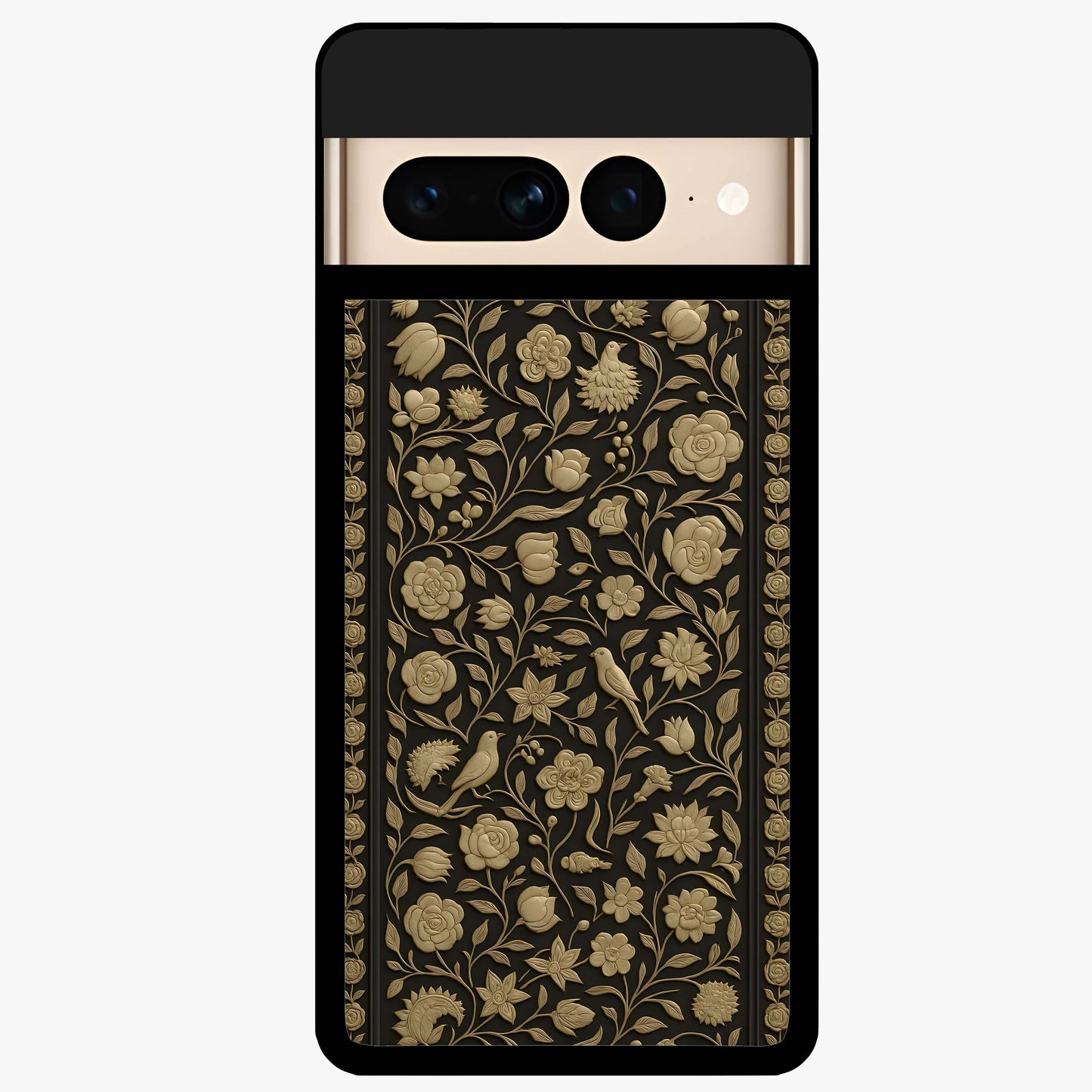Golden Floral Majesty Glass Case showing flat back view with luxurious golden floral artwork and glossy glass finish.