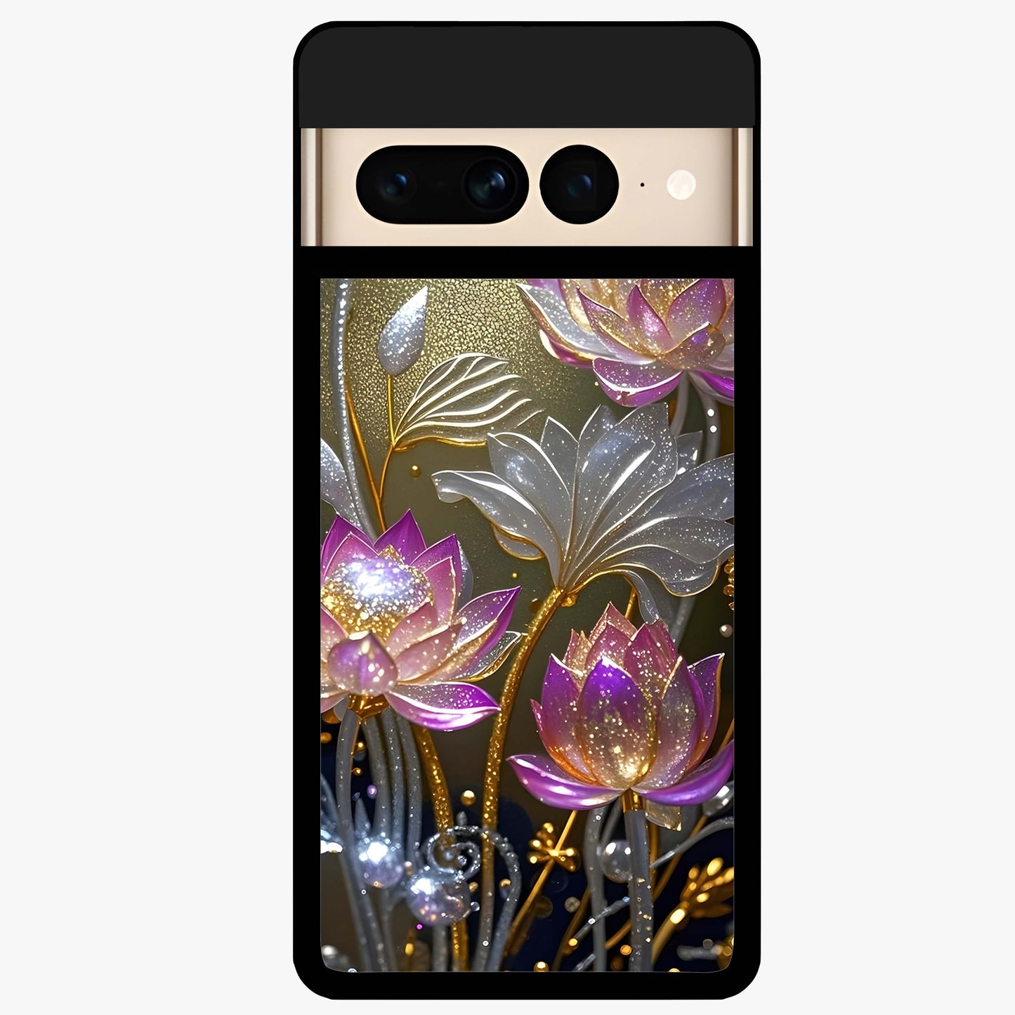 Golden Lotus Glow Glass Case showing flat back view with glowing lotus flower artwork and glossy glass finish.