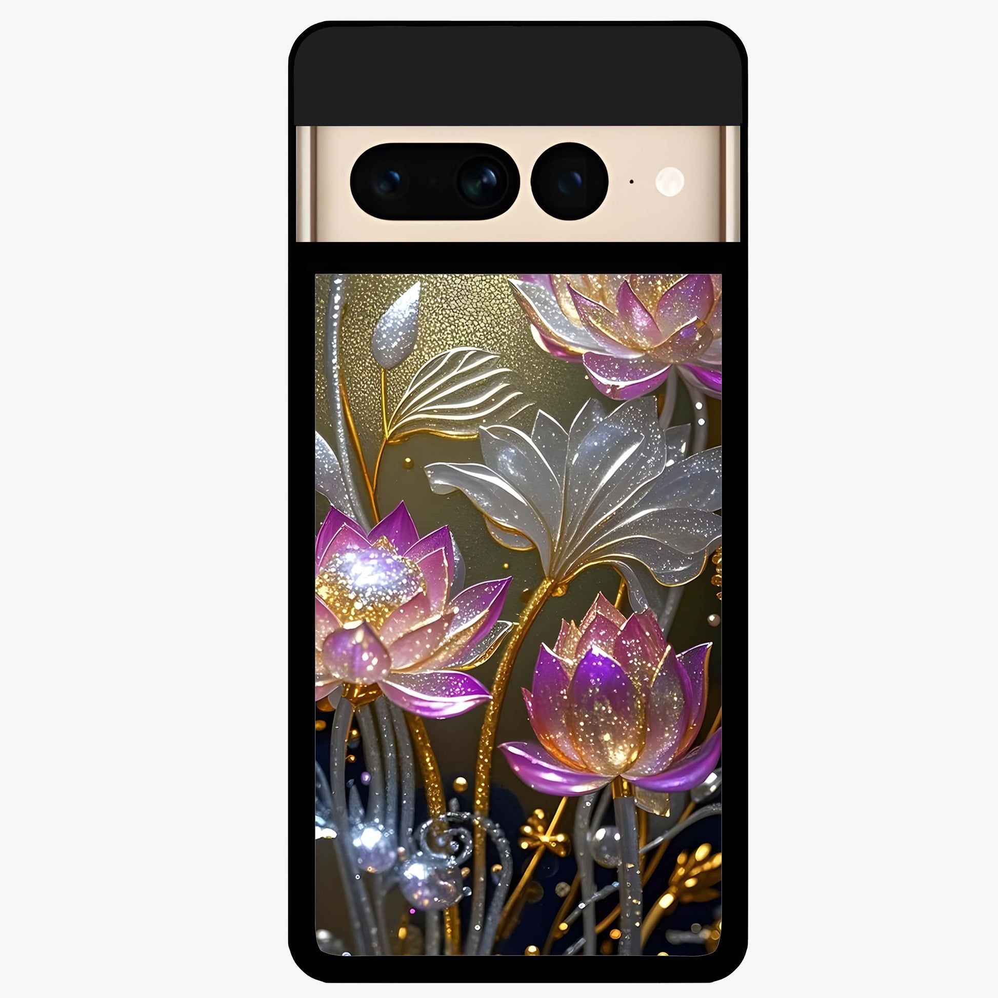 Golden Lotus Glow Glass Case showing flat back view with glowing lotus flower artwork and glossy glass finish.