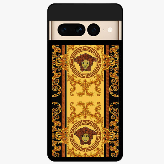 Golden Royal Heritage Glass Case showing flat back view with ornate royal pattern artwork and glossy glass finish.