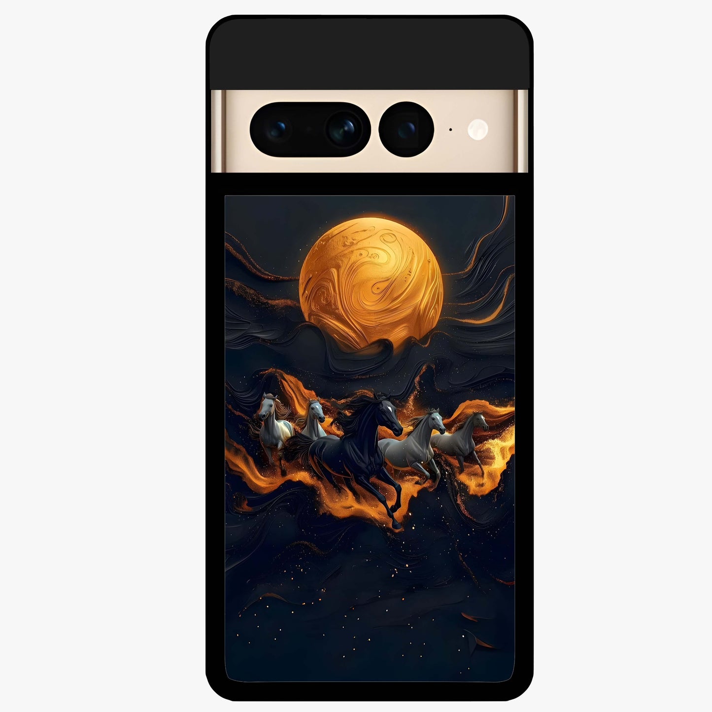 Golden Stallion Moonride Glass Case showing flat back view with majestic horse under moonlight artwork and glossy glass finish.