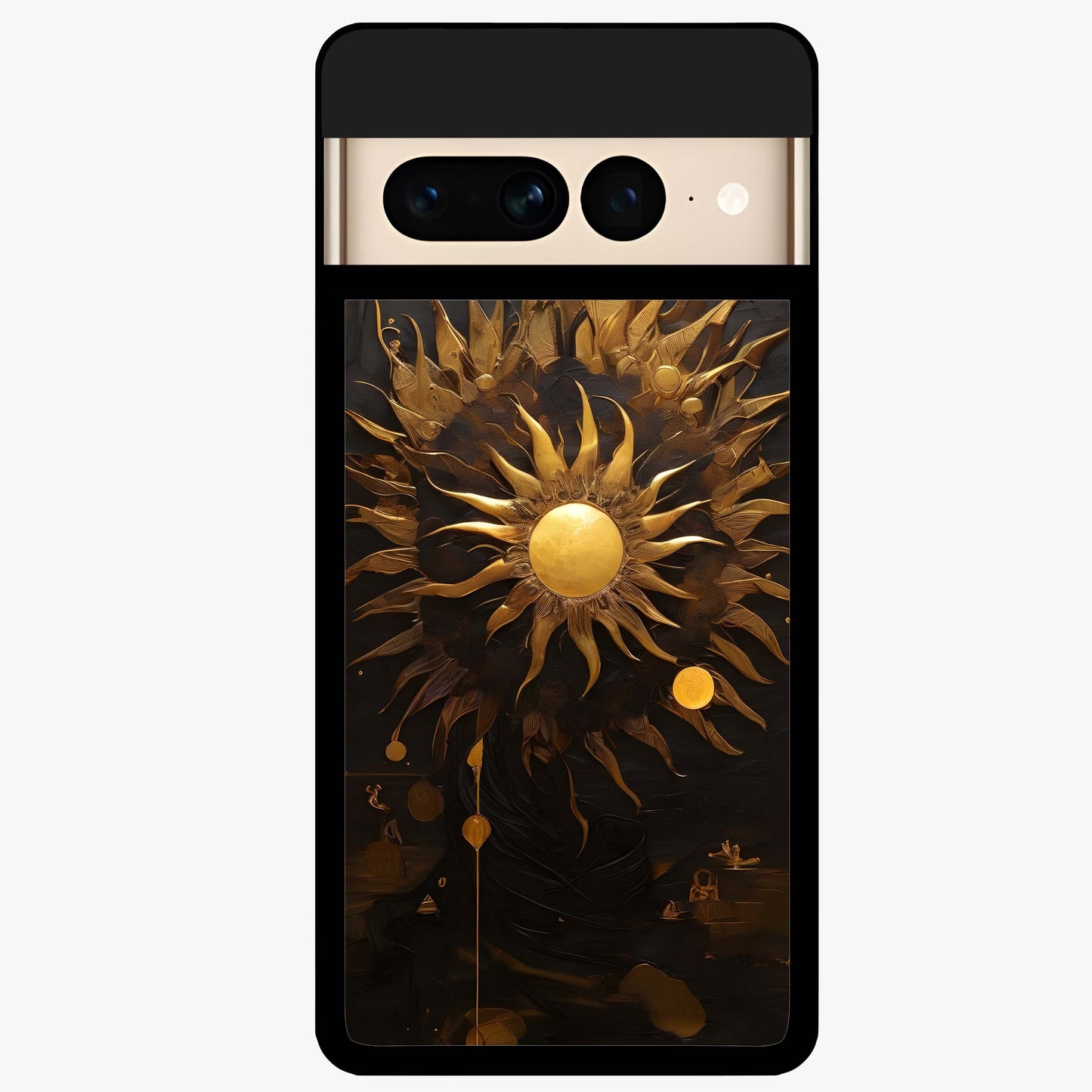 Golden Sun Majesty Glass Case showing flat back view with radiant golden sun artwork and glossy glass finish.