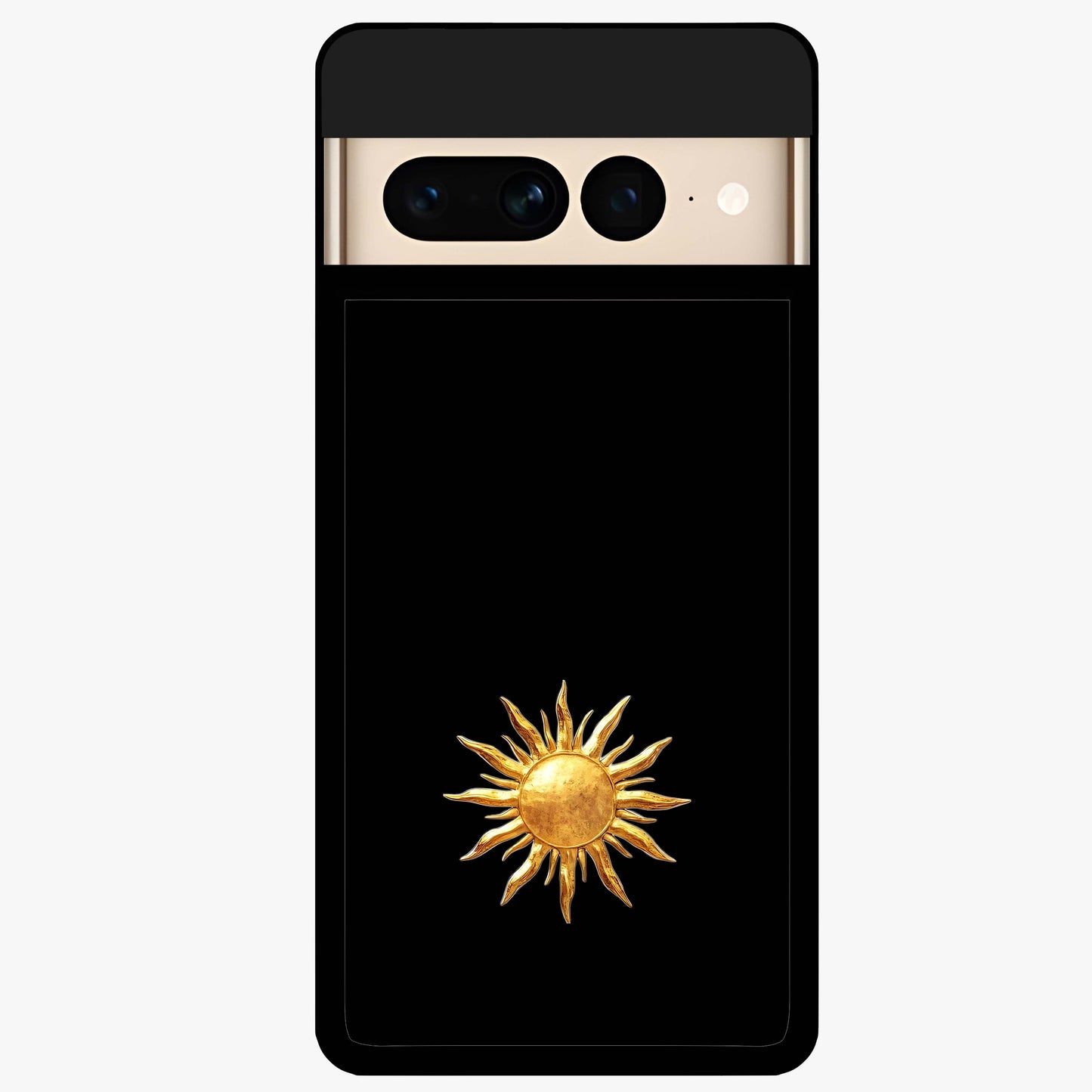 Golden Sun Minimalism Glass Case showing flat back view with minimal golden sun artwork and glossy glass finish.
